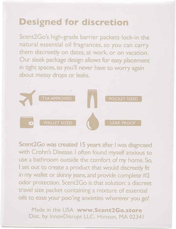 Scent2Go Toilet Fragrance Powder - Slim Travel Size Packet - Leak Lock Design - Plant Based Formula - Lemon + Mint - 40 Single Use Packets
