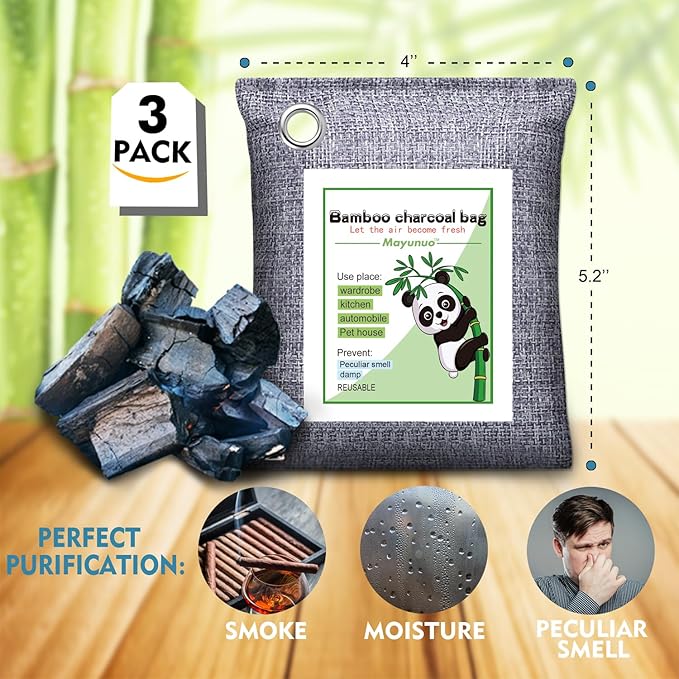 Activated Charcoal Odor Absorber for Strong Odor, Basement, Cars, Closets, Shoes, Smoke. 3 Pack Bamboo Charcoal Air Purifying Bags Deodorizer Odor Eliminator for Home