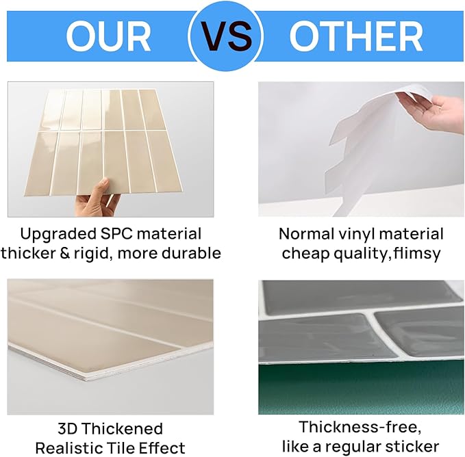 Peel and Stick Tile，New Upgrade Thicker Design Self Adhesive 12" x 12" Large Premium Peel and Stick Backsplash for Kitchen (Beige).