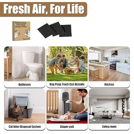 3-Pack Trash Can Odor Filter Refills, Carbon Filters Dog Poop Trash Can, Activated Charcoal Odor Absorber for Pet Waste & Kitchen Trash Cans