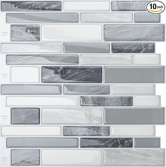 LONGKING Self-Adhesive Kitchen Backsplash, Marble Look Decorative Tiles (10 Tiles)