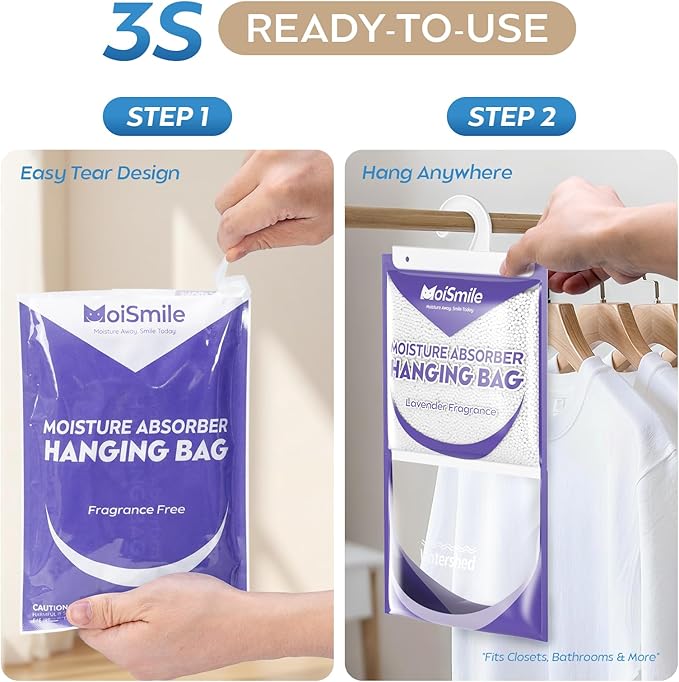 Hanging Moisture Absorbers 6 Pack Net Wt. 17.5oz/Pack, Lavender Fragrance Closet Dehumidifier Bags, Odor Eliminator & Humidity Absorber, Humidity Packs for Bathroom, Bedroom, Basement, Car, RV & Boat