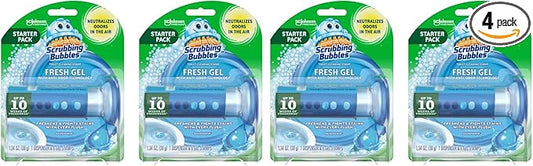 Scrubbing Bubbles Fresh Gel Toilet Bowl Cleaning Stamps, Helps Keep Toilet Clean and Helps Prevent Limescale & Rings, Rainshower Scent, 1 Dispenser with 6 Fresh Gel Stamps (Pack of 4)