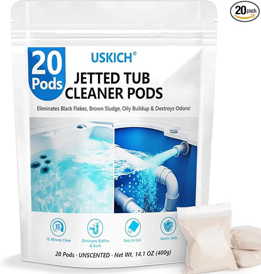USKICH 20 Pods Jetted Tub Cleaner Bathtub- Jet Bathtub Cleaner,Jetted Tub Cleaning Solution Compatible with Spa Bath & Whirlpool,Septic Safe Bath Jet Scale and Residue Remover
