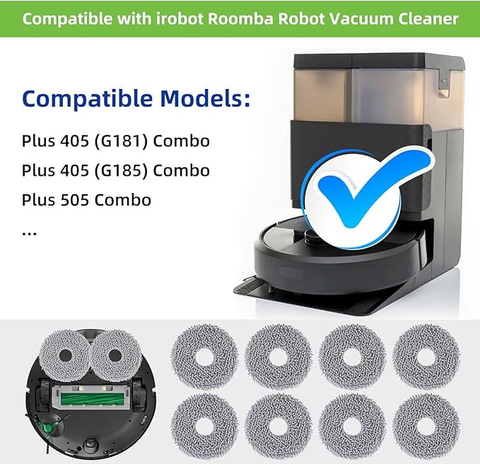 VIEWALL 8 Pack Mop Pad for iRobot Roomba Plus 405 G181/G185 Combo, Plus 505/507 Combo Robot Vacuum Cleaner, Microfiber Washable Mop Cloths Replacement Parts Accessories