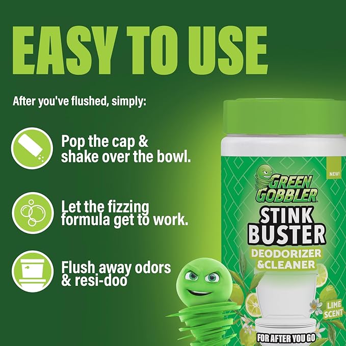 Green Gobbler Stink Buster Toilet Deodorizer & Cleaner For After You Go – Fresh Lime Scent, Bleach-Free, Enzyme Enhanced, Safe for Toilet, Pipes & Septic, Eliminates Odors & Residue, 15+ Uses
