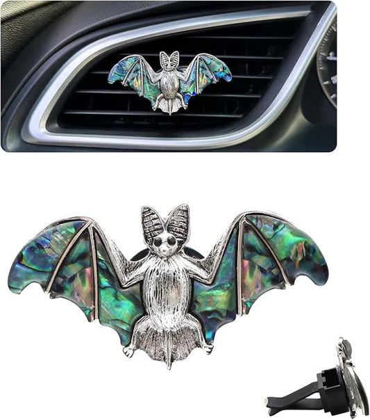 Bat Air Vent Clip Car Air Freshener Outlet Clips Natural Abalone Shell Seashell Color Vampire Bat Car Accessories Gothic Car Decor Refillable Car Diffuser Clips (Big Bat)