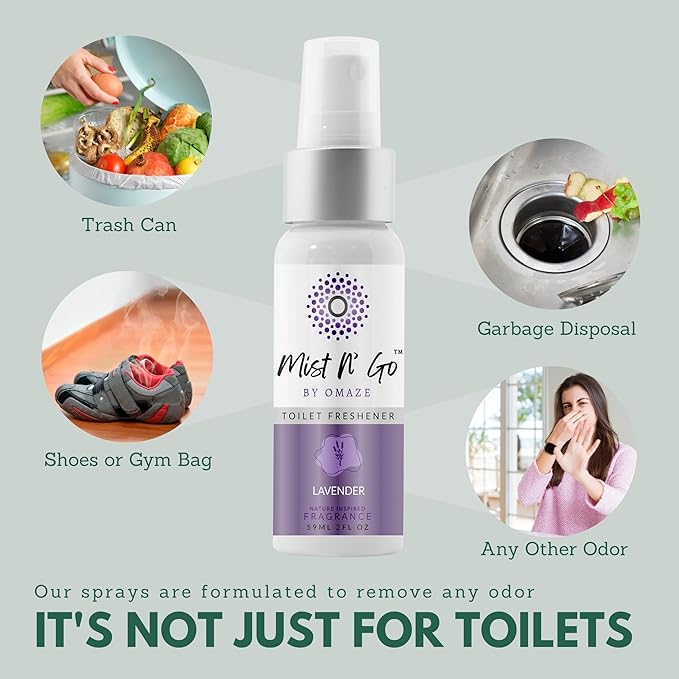Mist N’ Go by Omaze Travel Bathroom Spray for Toilet Spray Odor Eliminator - Travel Toilet Spray for Bathroom Air Freshener Spray for Bathroom Deodorizer - Lavender Regular Size (2oz x1)