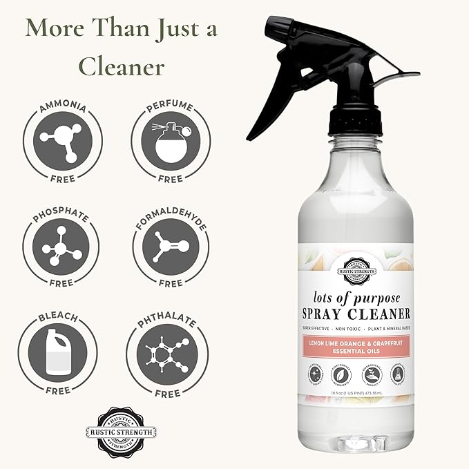 Rustic Strength Lots of Purpose Spray Cleaner, Lemon, Lime, Orange & Grapefruit, Multi-Surface, pH Balanced, Non-Toxic, Biodegradable, 16 oz