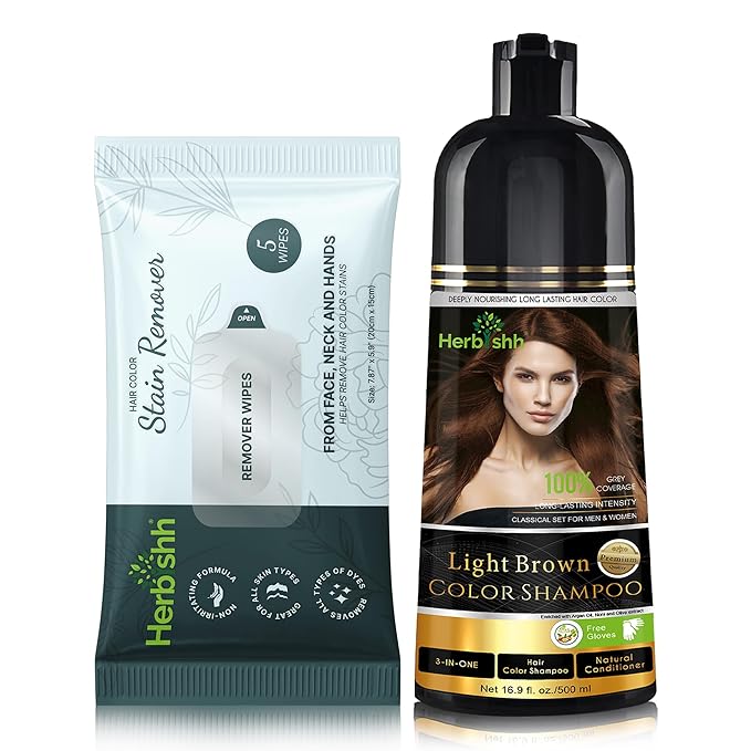 Herbishh Gray Hair Color Shampoo - Light Brown 500ML with Travel Pack Stain Remover Wipes