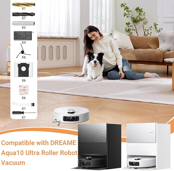 Replacement Kit for DREAME Aqua10 Ultra Roller Robot Vacuum, 1 Pair Main Brushes, 2 Roller Mops, 4 Filters, 6 Side Brushes & Dust Bags & Scented Tablets, 1 Cleaning Brush