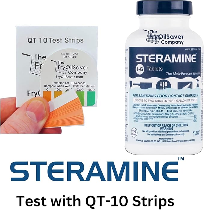 2 Bottles Steramine Sanitizer Tablets - 15x QT-10 Test Strip - Multi Purpose Steramine Sanitizing Tablets for Food Contact Surface in Kitchen, Restaurant & Food Service by FryOilSaver Co. (300 Count)