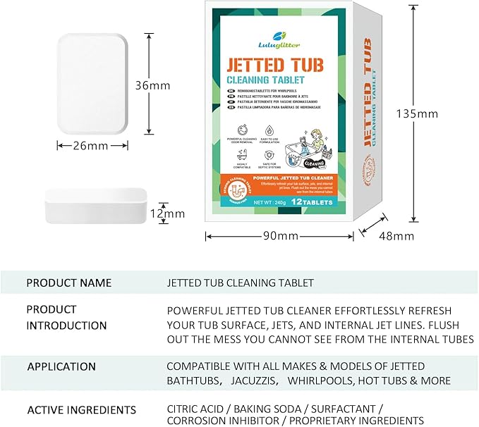 Jetted Tub Cleaner Bathtub Tabs 12 Cleaning Tablets Compatible with Whirlpool Spa Bath System Jets Whirl Tubs Removes Scale Residue 1 Year Supply