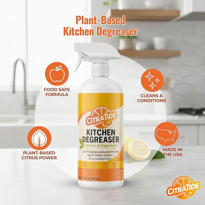 Kitchen Degreaser Spray – Heavy Duty Plant-Based Citrus Cleaner for Countertops, Stovetops & Appliances – Non-Toxic, USA Made (32 fl oz)