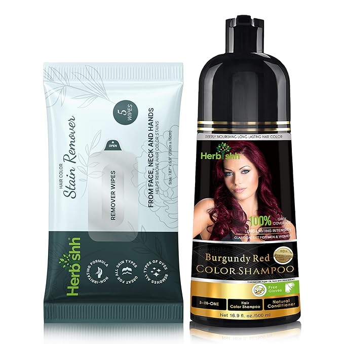 Herbishh Hair Color Shampoo for Gray Hair Burgundy 500 ML + Hair Color Stain Remover Wipes - Travel Pack With 5 Wipes