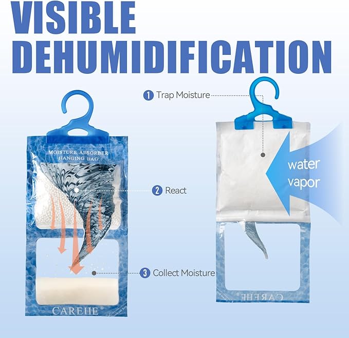 Hanging Moisture Absorbers Bags, Effective Dehumidifiers for Closet, Wardrobe & Bedroom, Absorbs Excess Humidity, Prevents Dampness & Odor, Easy to Use & Long-Lasting Fragrance-Free