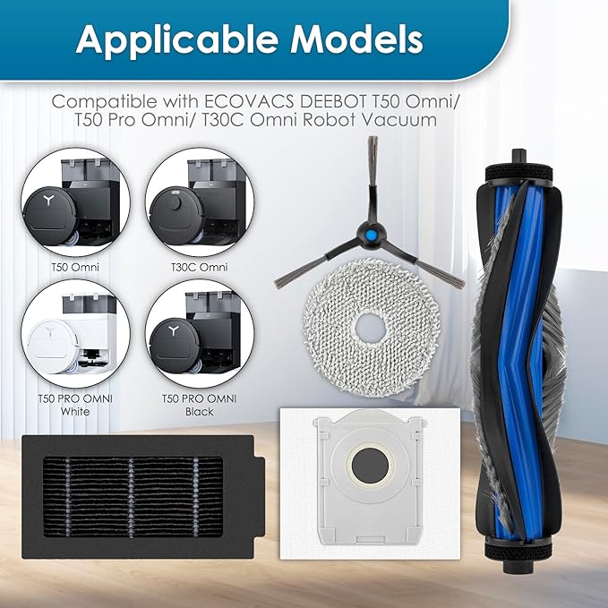 (14 Pack) T50 Pro Replacement Parts for ECOVACS DEEBOT T50 Pro/ T50 Omni/ T50 Pro Omni/Omni Robot Vacuum Cleaner, 1 Roller Brush, 4 Side Brushes, 3 Dust Bags, 3 HEPA Filters, 3 Mop Pads