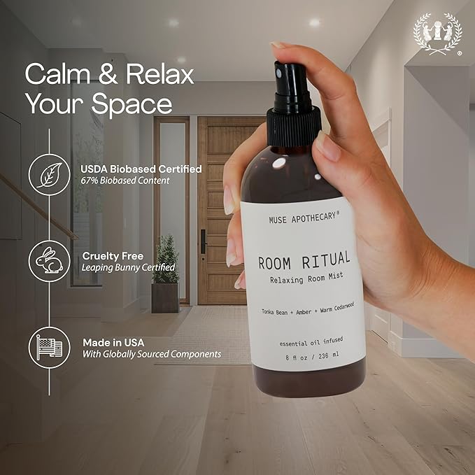 Muse Apothecary Room Ritual - Aromatic and Relaxing Room Mist, Infused with Natural Essential Oils - 4oz, Bergamot + French Lavender + Sandalwood