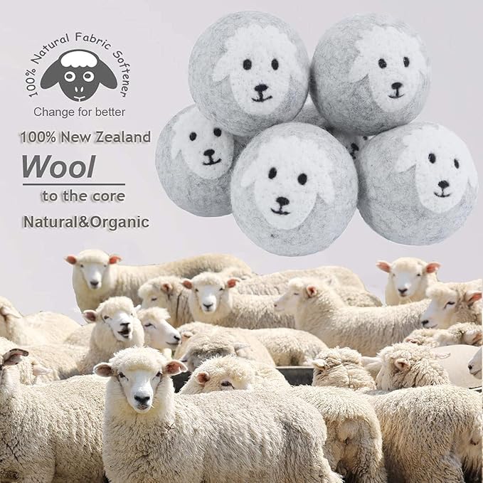 Wool Dryer Balls Organic XL 6-Pack, 100% New Zealand Chemical Free Fabric Softener for 1000+ Loads, Baby Safe & Hypoallergenic, Reduce Wrinkles & Shorten Drying Time Naturally (Grey Sheep)