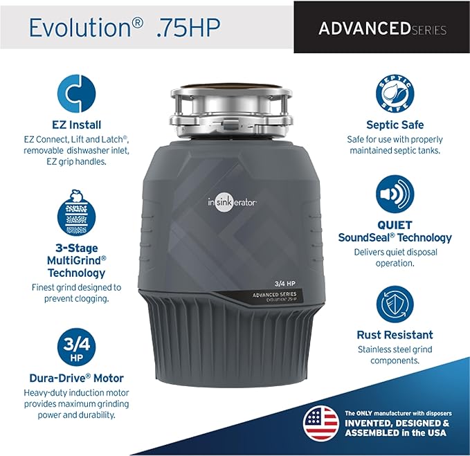 InSinkErator EVOLUTION 0.75HP 3/4 HP, Advanced Series EZ Connect Continuous Feed Food Waste Garbage & DWC-00 Dishwasher Connector Kit