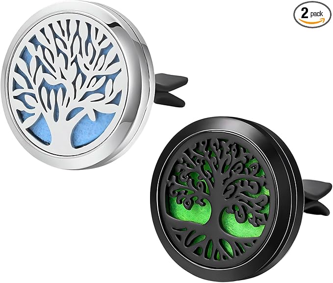 2PCS 30mm Car Diffuser Vent Clips, Tree of Life Aromatherapy Essential Oil Diffuser Locket with 12 Felt Pads, Stainless Steel Car Diffuser Locket Air Freshener (Style1)