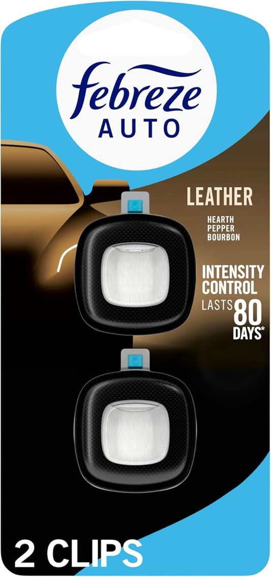 Febreze AUTO Air Freshener, Odor-Fighting Automotive Vent Clip, Scented Car Accessories, Long Lasting for Strong Odors, Leather, 2 Count