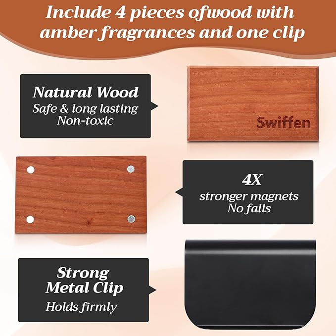 4 Pcs Car Wood Air Freshener Amber Scents Wood Fragrance Automotive Odor Eliminator for Visor Clip Vehicle Scent Diffuser Scent Refill, Clip Included