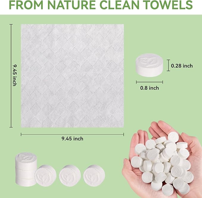 LEKOCH 100 Pcs Compressed Towel Tablets, Portable Coin Tissues for Travel & Camping, Cotton Disposable Washcloths, Biodegradable Facial & Body Wipes