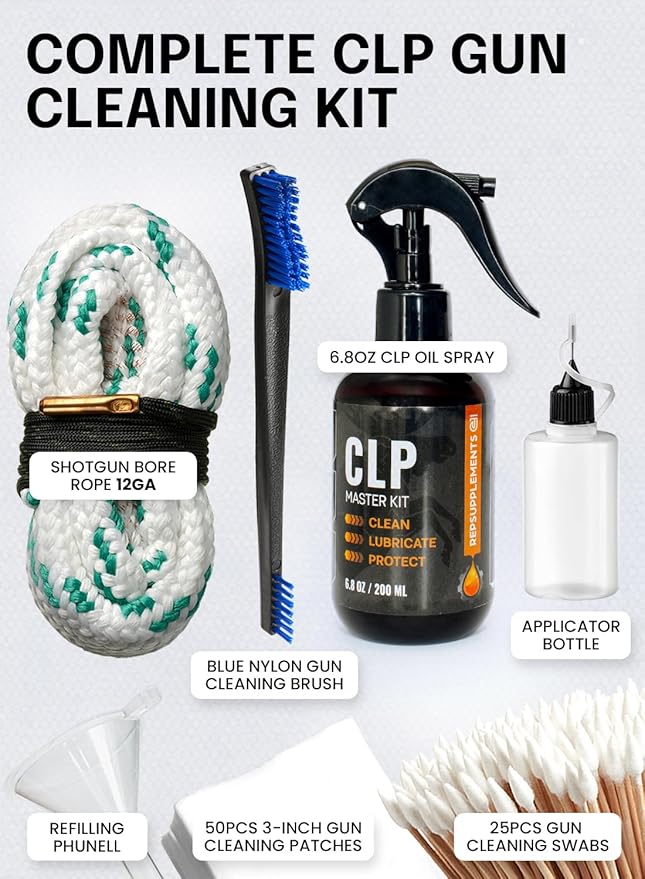 Gun Cleaning Oil Kit 3-in-1 Cleans, Lubes, Protects - 6.8 Oz Sprayer Gun Oil Cleaner and Lubricant, Needle Oiler, Cleaning Patches, Cleaning Swabs and Brush - Gun Oil and Cleaning Kit