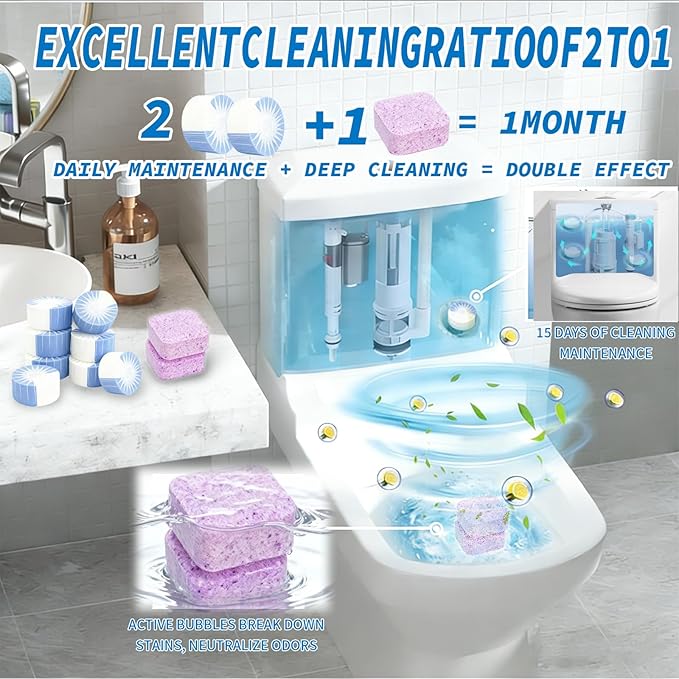 2-in-1 Toilet Cleaning Tablets (48 Pack) - 16 Effervescent Toilet Bowl Stain Remover and 32 Blue White Toilet Tank Cleaner Tablets - Limescale Removal for Septic System