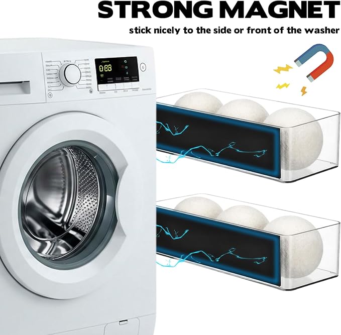 Rainmae 2 Pcs Magnetic Dryer Ball Holder Set Laundry Pods Dryer Sheets Storage Baskets for Laundry Room Organization Wall Mounted Magnetic Dryer Ball Container Basket for Storage and Home Organization
