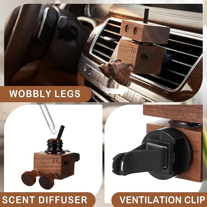 2 Pcs Cute Shaking Wooden Man Car Air Freshener Diffuser, Natural Walnut Wood Car Vent Clip Aromatherapy Diffuser, Funny Dancing Robot Scent for Dashboard Interior Decoration Gift, Not Contain Oils