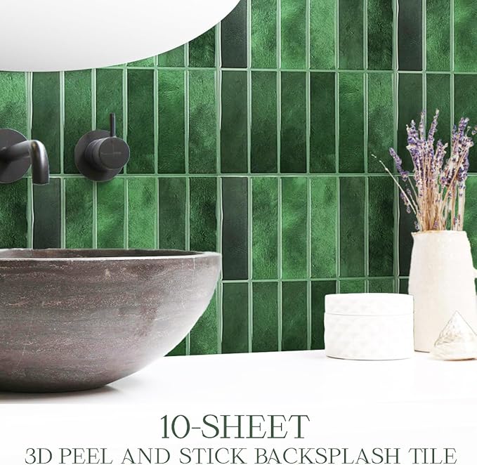 10 Sheet Thicker Subway Tiles Peel and Stick Backsplash,Splash Proof Green Rectangular Self-Adhesive Wall Tiles for Kitchen and Bathroom(11.4" x 9")