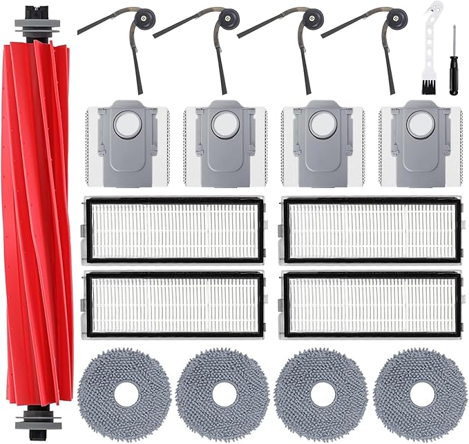 QV35A Replacement Parts for Roborock QV 35A/ QV 35S Robot Vacuum Accessories Kit with 1 Roller Brushes, 4 Mop Pads, 4 Dust Bags, 4 Filters, 4 Side Brushes,1 Cleaning Brush,1 Screwdriver -19Pack