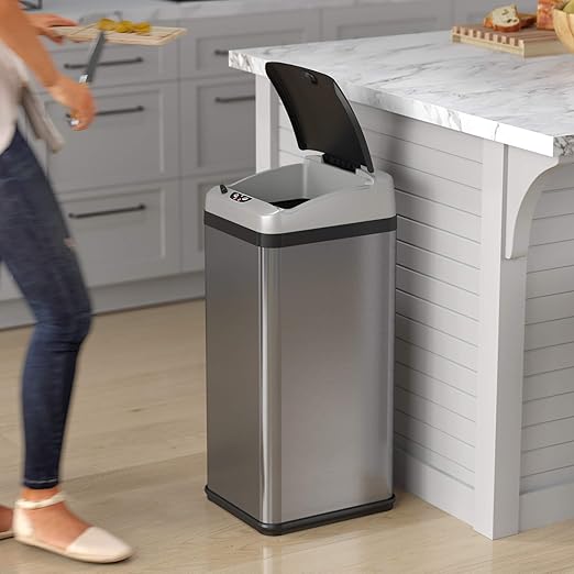 iTouchless 13 Gallon Automatic Touchless Sensor Kitchen Garbage Can with AC Adapter and Odor Filter Deodorizer, Includes Waterproof Reusable Vinyl Trash Sticker, Stainless Steel/13 Gal