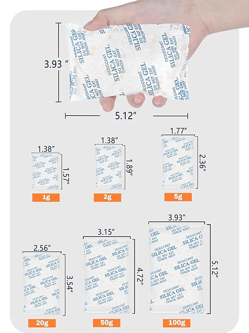 5 Gram (50 Pack) Color-Indicating Silica Gel Packets, Premium Food Grade Desiccant - Rechargeable Moisture Absorbers for Food Storage, Electronics, 3D Filament & Safes