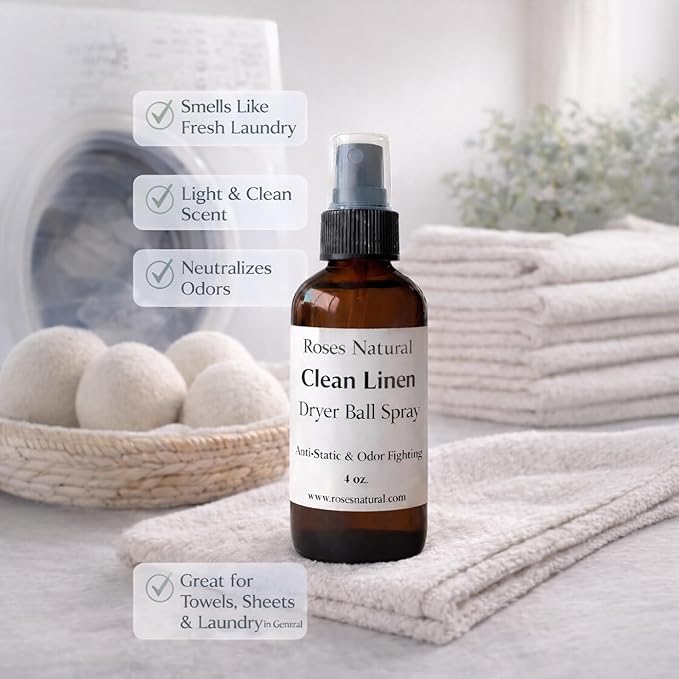Natural Dryer Ball Spray, 4 oz, Patchouli, Lavender,Essential Oil Laundry Refresher, Fabric Freshener for Clothes, Linens & Wool, Anti-Static & Odor Neutralizer, Made in the USA (Clean Linen)
