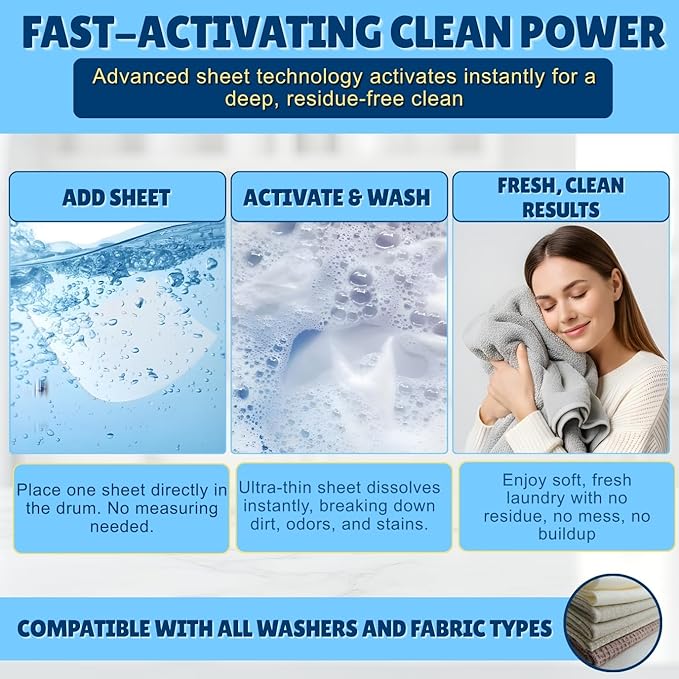 Eco-Friendly Laundry Detergent Sheets, 100 Loads (50 Sheets) Fresh Scent, Concentrated Laundry Sheet Detergent, Quick-Dissolve Plastic-Free Washing Detergent Sheet for Home & Travel