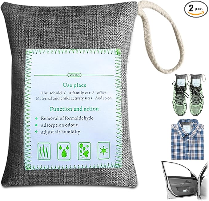 2 Bags Natural Air Purifying Bag | Bamboo Charcoal Odor Absorber for Home & Car | Closet Odor Eliminator, Small Room Deodorizer & Car Air Freshener | Charcoal Bags (250g gray, Unscented)