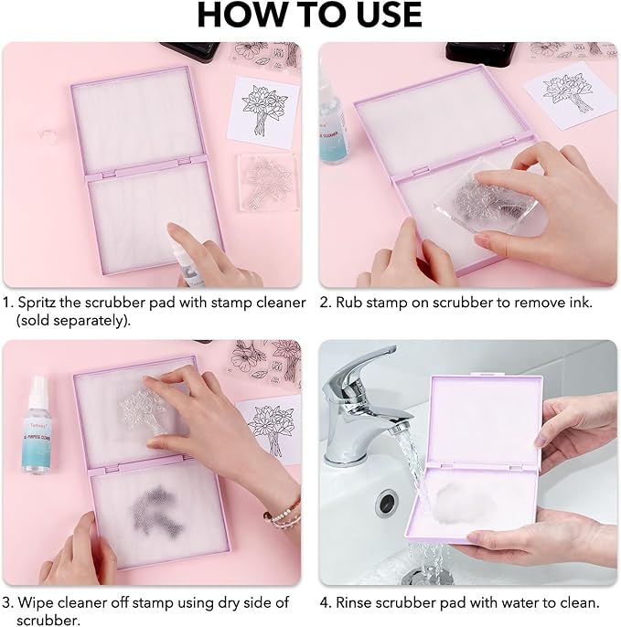Briartw Stamp Cleaning Kit:Purple Stamp Scrubber & All-Purpose Stamp Cleaner Spray | Dual-Sided Cleaning Pad for Rubber, Clear, Cling & Foam Stamps | Complete Care for Water-Based & Permanent Inks