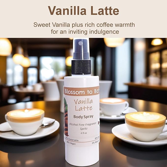 Blossom to Bath Vanilla Latte Body Spray (4 Ounce) - Phthalate Free Fragrance - Energizes Skin with a Deep Vanilla Scent