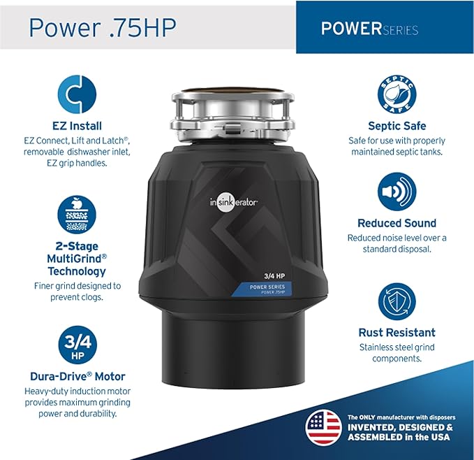 InSinkErator Power .75HP, 3/4 HP Garbage Disposal, Power Series EZ Connect Food Waste Disposer + InSinkErator Garbage Disposal Air Switch Kit, Dual Outlet Sink Top Switch Button, Satin Nickel STS-OOSN