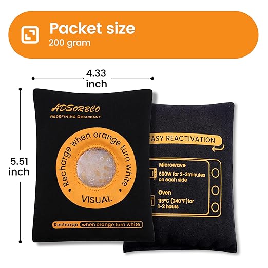 ADSorbco Rechargeable Desiccant Packs for Storage, Rechargeable Silica Gel Packets, Color Indicating Desiccant Packs for Suitcase, Storage Bins, 3D Filaments, Electronics, Cars, Safe (63, 200g)