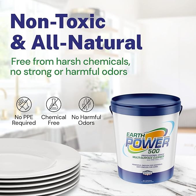 Earth Power Hypochlorous Acid 500 PPM Multipurpose Cleaner – Natural & Non-Toxic – Tile, Refrigerator, Shower, Countertop & Floor Cleaner – Family, Food & Pet Safe Cleaning Supplies – 5 Gallon