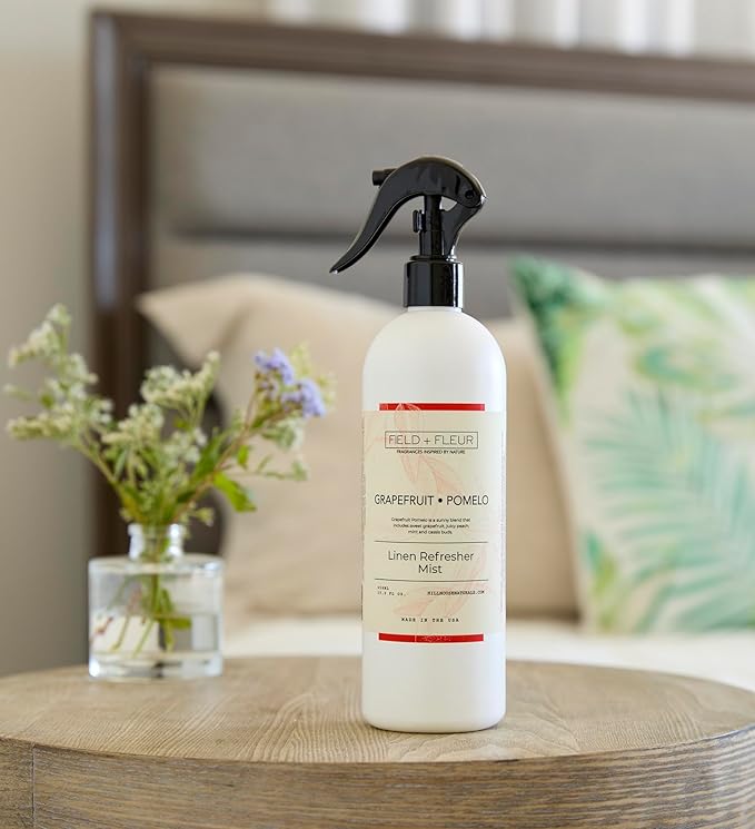 FIELD FLEUR Grapefruit Pomelo Linen & Room Spray 15.5 oz - Aromatic & Refreshing Bedding & Fabric Mist - Air Freshener for Clothes & Sofas - Notes of Grapefruit, Peach, Mint & Cassis - Made in USA