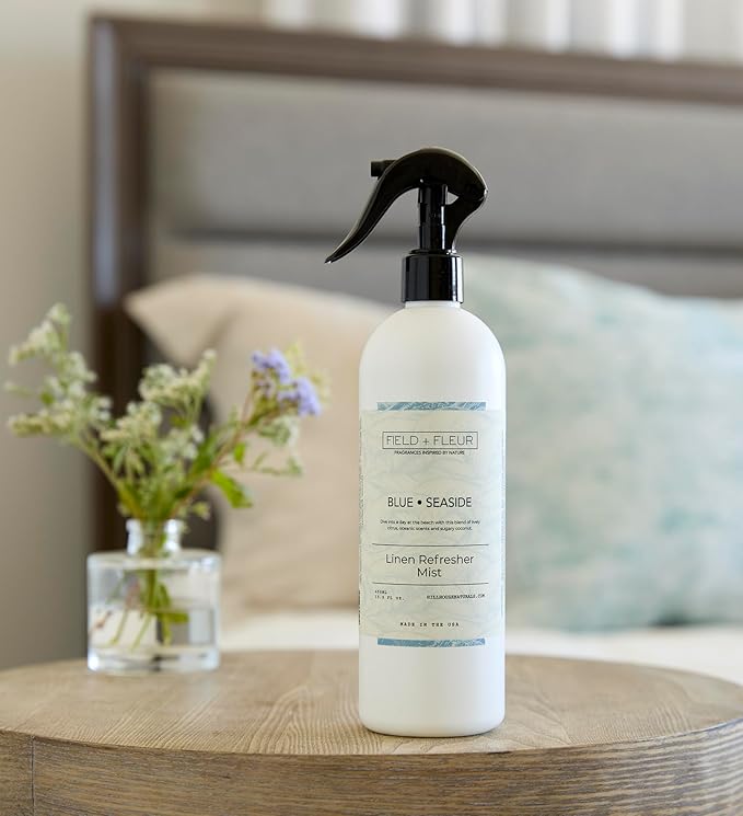 FIELD FLEUR Blue Seaside Linen & Room Spray 15.5 oz - Aromatic & Refreshing Bedding & Fabric Mist - Air Freshener for Clothes & Sofas - Notes of Citrus, Oceanic Breeze & Sugary Coconut -Made in USA
