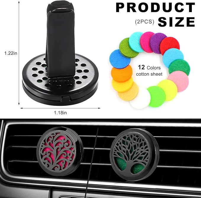 2PCS 30mm Car Diffuser Vent Clips, Tree of Life Aromatherapy Essential Oil Diffuser Locket with 12 Felt Pads, Stainless Steel Car Diffuser Locket Air Freshener (Style 4)
