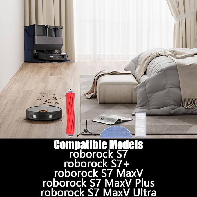 S7 Replacement Parts for Roborock S7 MaxV Plus T7S Robot Vacuum - 2 Main Brushes, 4 Mop Cloths, 4 Filters, 4 Side Brushes, Red