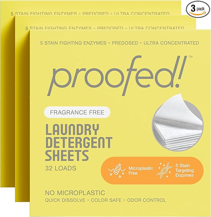 Proofed! Laundry Detergent Sheets, 96 Count, Fragrance-Free, The Only 100% Plastic-Free Sheet, No PVA or PVOH, Hypoallergenic, Bio-Based Ingredients, Made in USA, 3 Boxes