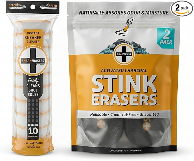 SneakERASERS 10 Pack & StinkERASERS 2 Pack Shoe Deodorizer Bags with Sneaker Cleaner Eraser Sponges, Activated Charcoal Odor Eliminator for Shoes & Boots, Reusable Shoe Smell Remover
